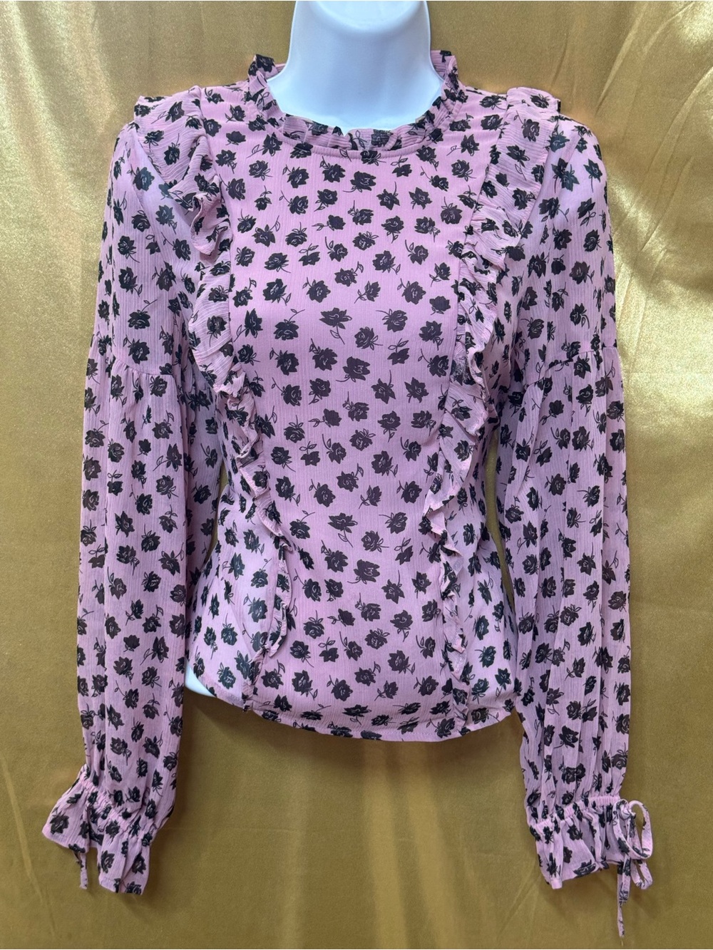 H&M Divided Pink & Black Floral Ruffled Chiffon Blouse Size XXS